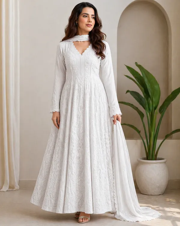White_Georgette_Chikankari_Embroidery_Kurta_With_Pant_And_Dupatta_For_Women