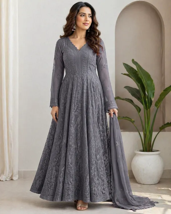 Grey_Georgette_Chikankari_Embroidery_Kurta_With_Pant_And_Dupatta_For_Women