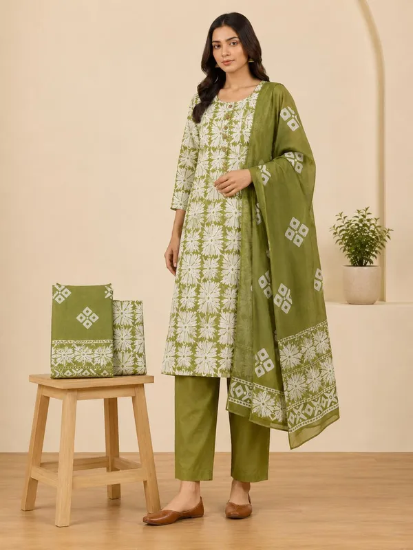 green_floral_block_print_kurta_set_for_women