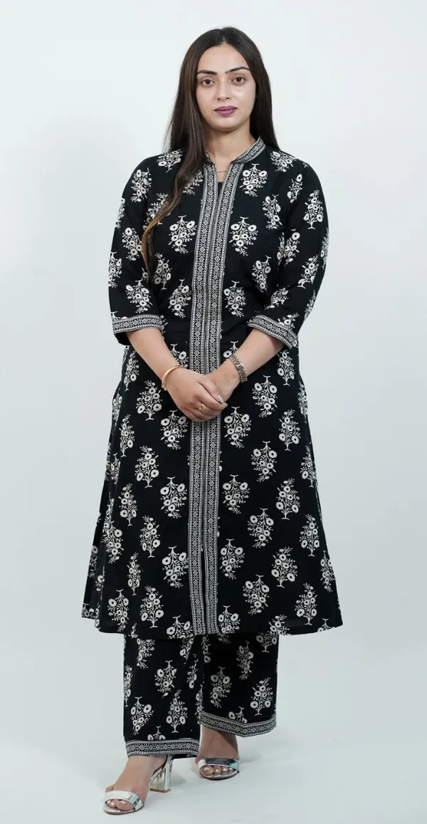 Black_And_White_Printed_Kurti_Set_Stylish_Cotton_Daily_Wear_Top_Bottom