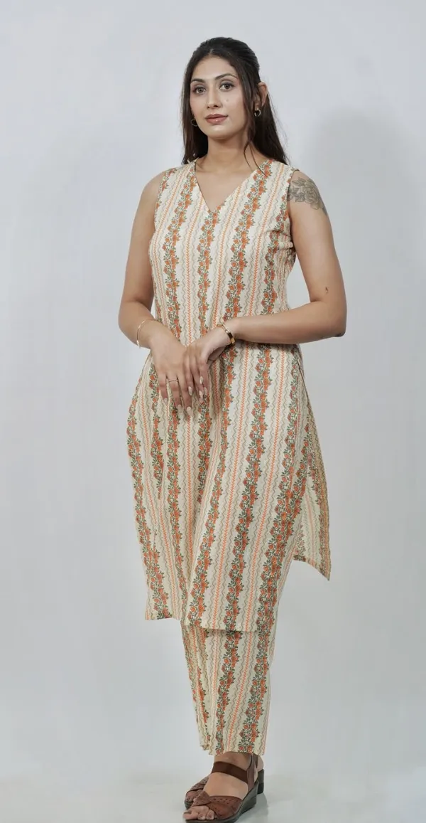 Beige_Colour_Trendy_Sleeveless_Kurti_Set_Top_Bottom