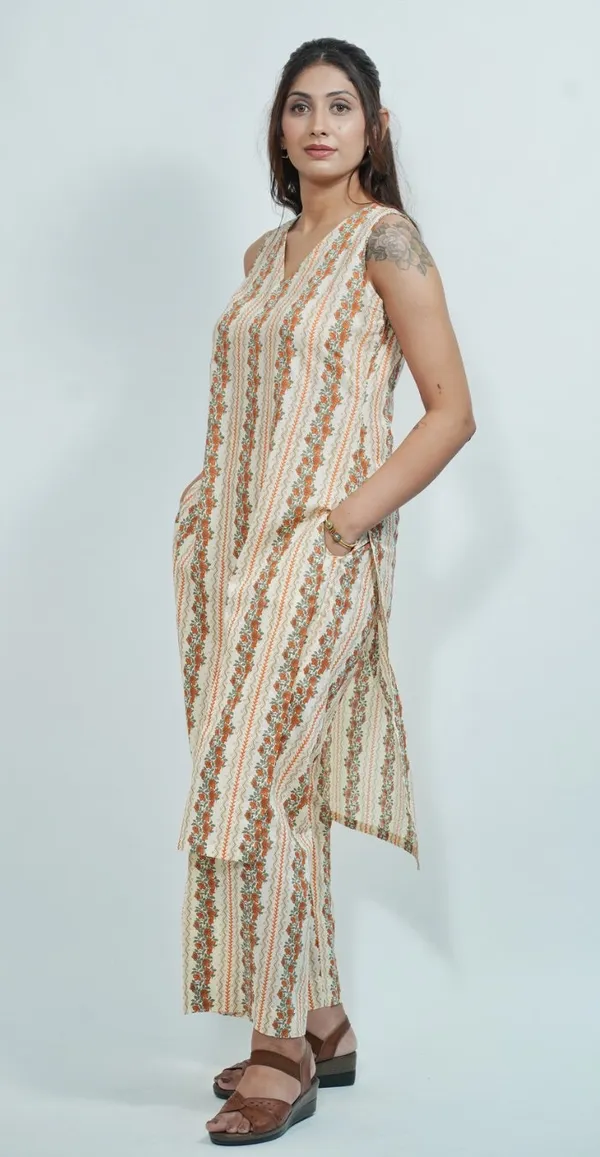 Beige_Colour_Trendy_Sleeveless_Kurti_Set_Top_Bottom