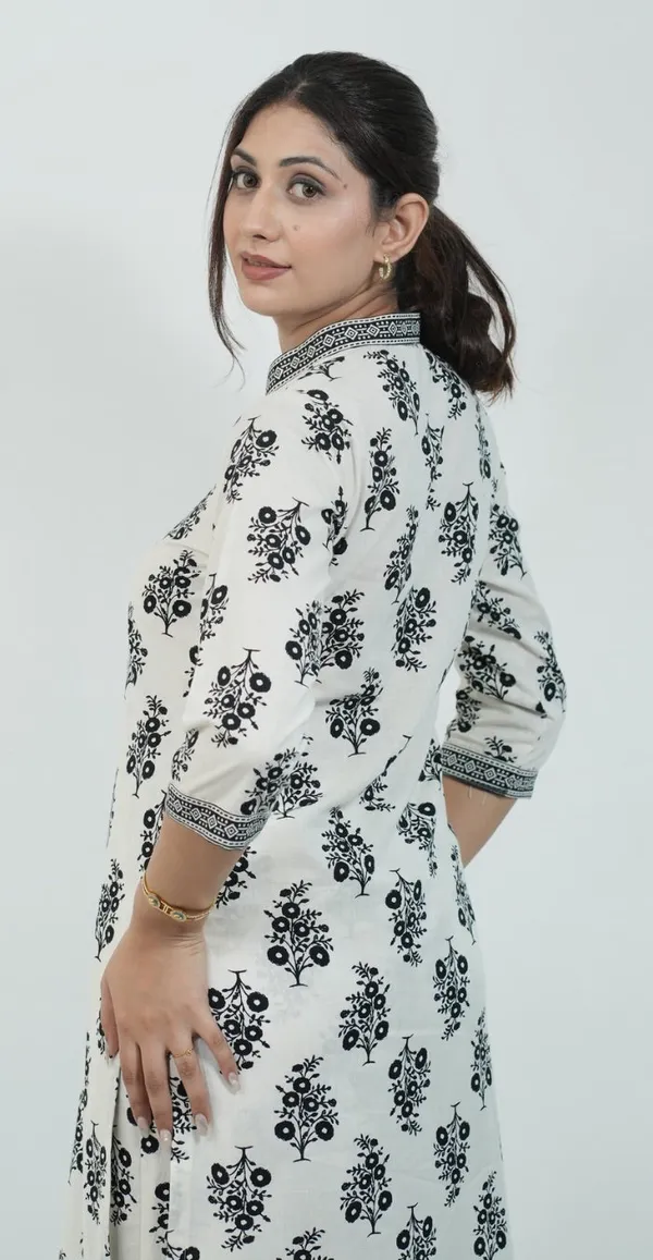 White_Colour_With_Black_Print_Kurti_Set_Top_Bottom