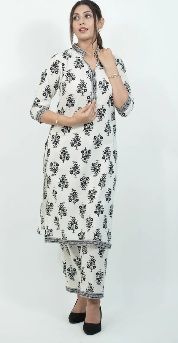 White_Colour_With_Black_Print_Kurti_Set_Top_Bottom