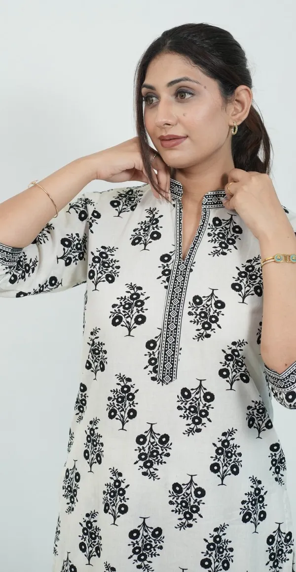 White_Colour_With_Black_Print_Kurti_Set_Top_Bottom