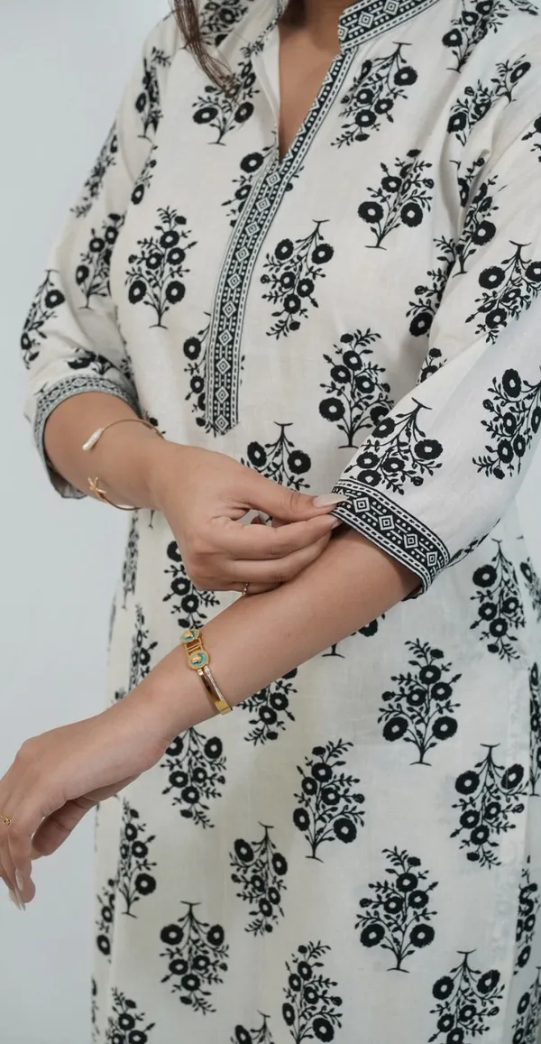 White_Colour_With_Black_Print_Kurti_Set_Top_Bottom