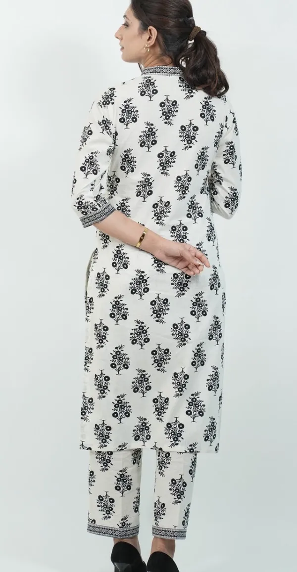White_Colour_With_Black_Print_Kurti_Set_Top_Bottom