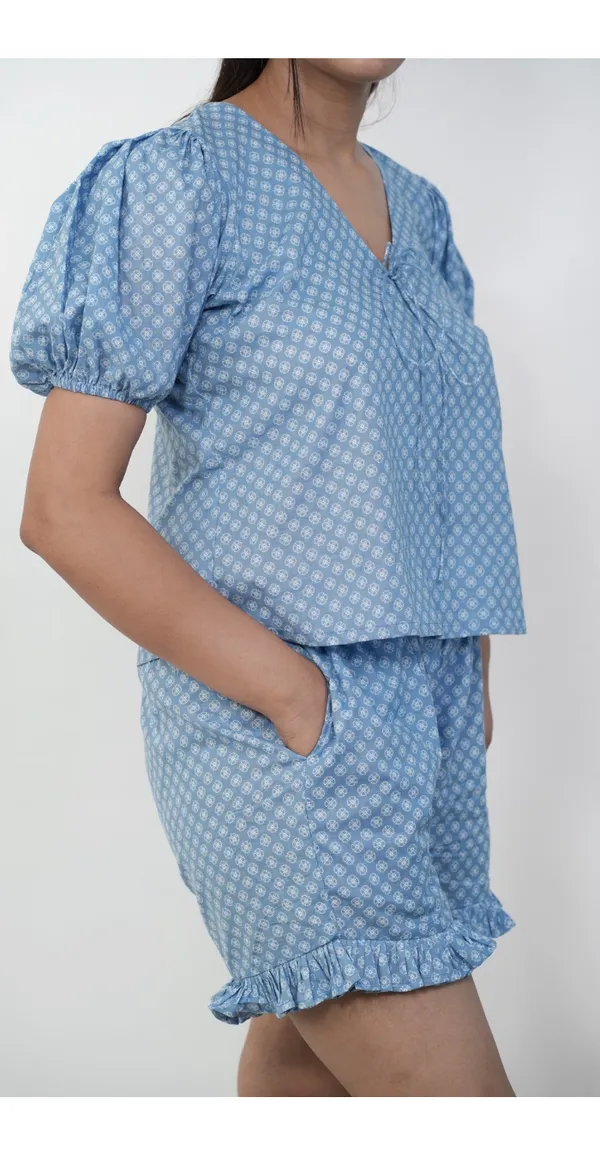 Blue_Night_Dress_Shorts_Top_Set_Trendy_Women'S_Nightwear