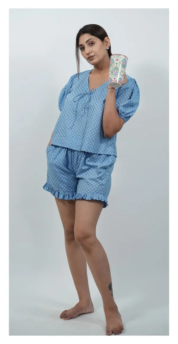 Blue_Night_Dress_Shorts_Top_Set_Trendy_Women'S_Nightwear