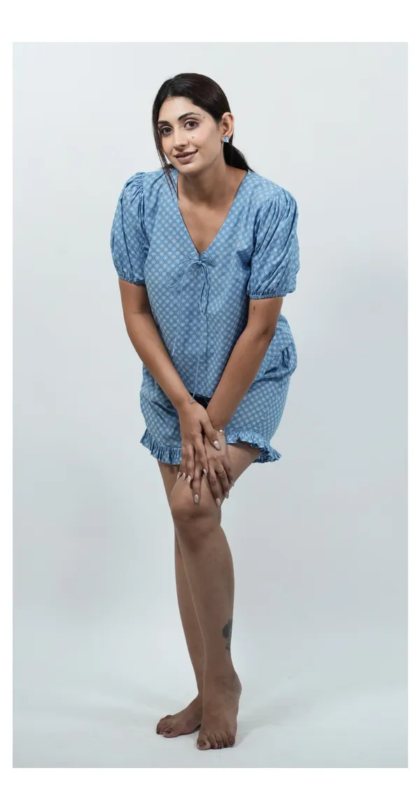 Blue_Night_Dress_Shorts_Top_Set_Trendy_Women'S_Nightwear