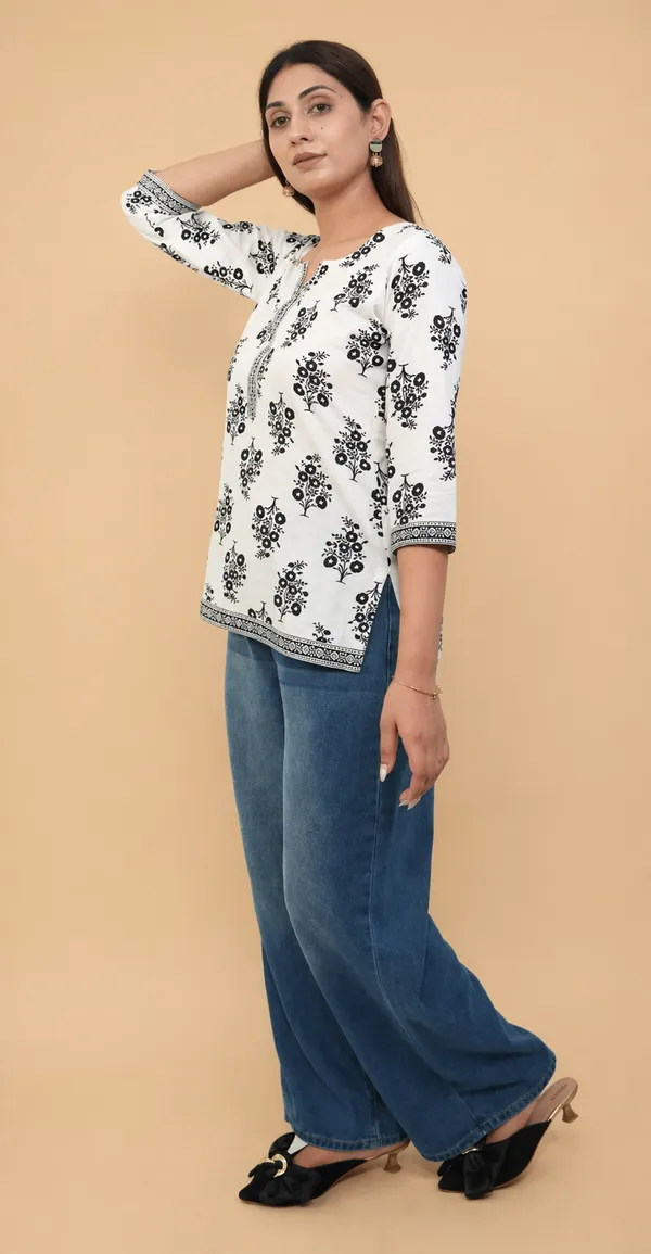 White_Kurti_With_Black_Print_Stylish_Casual_Office_Wear