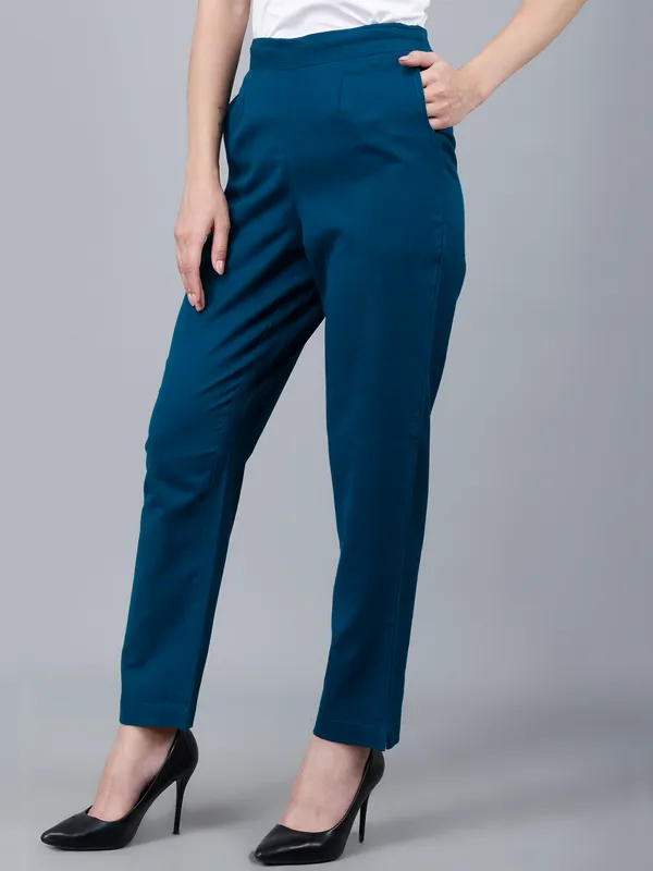 Peacock_Blue_Cotton_Straight_Fit_Ankle-Length_Trousers_For_Women