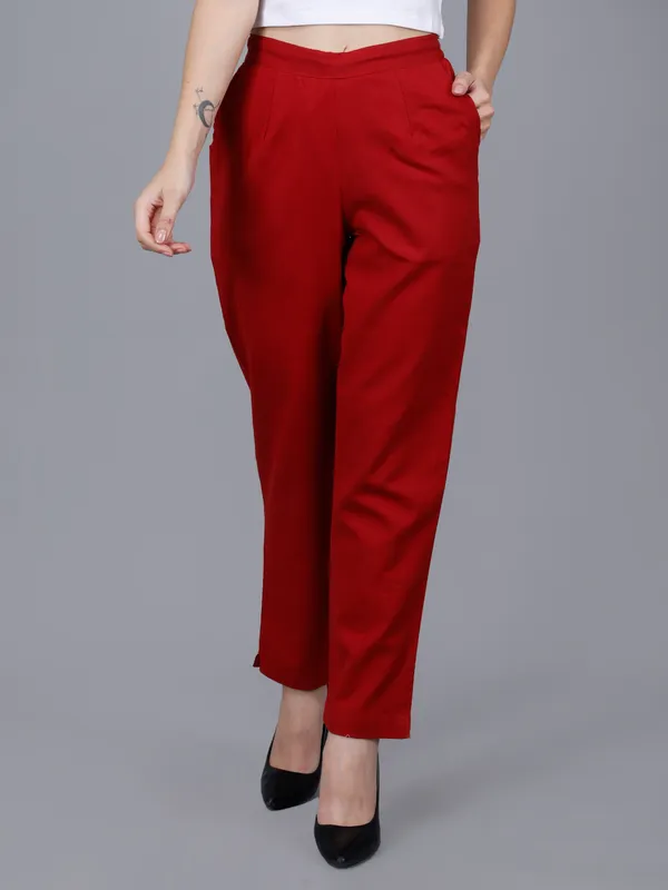 Maroon_Cotton_Straight_Fit_Ankle-Length_Trousers_For_Women