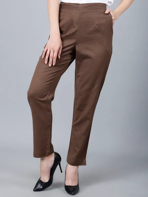Chocolate_Brown_Cotton_Ankle-Length_Formal_Trousers_For_Women