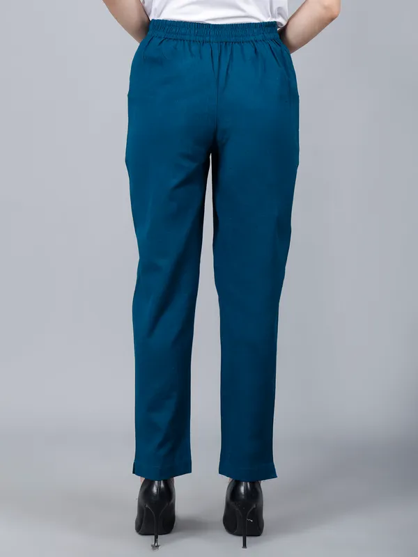 Peacock_Blue_Cotton_Straight_Fit_Ankle-Length_Trousers_For_Women