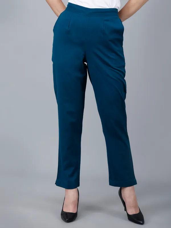 Peacock_Blue_Cotton_Straight_Fit_Ankle-Length_Trousers_For_Women