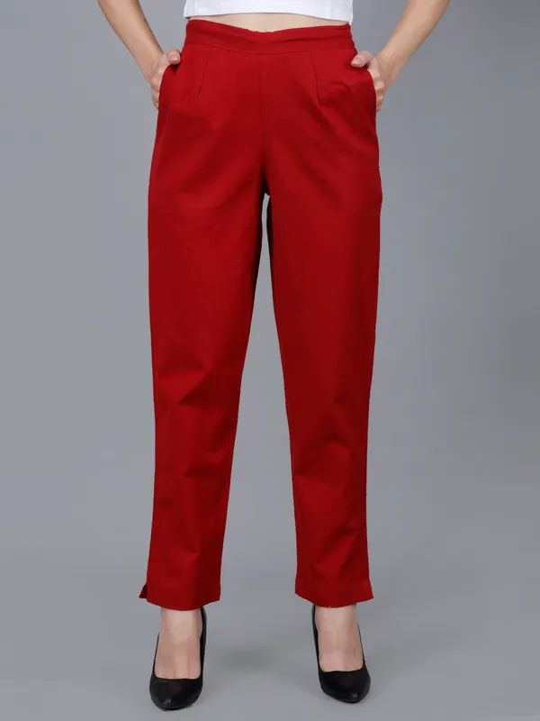Maroon_Cotton_Straight_Fit_Ankle-Length_Trousers_For_Women