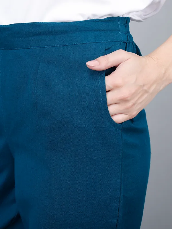 Peacock_Blue_Cotton_Straight_Fit_Ankle-Length_Trousers_For_Women