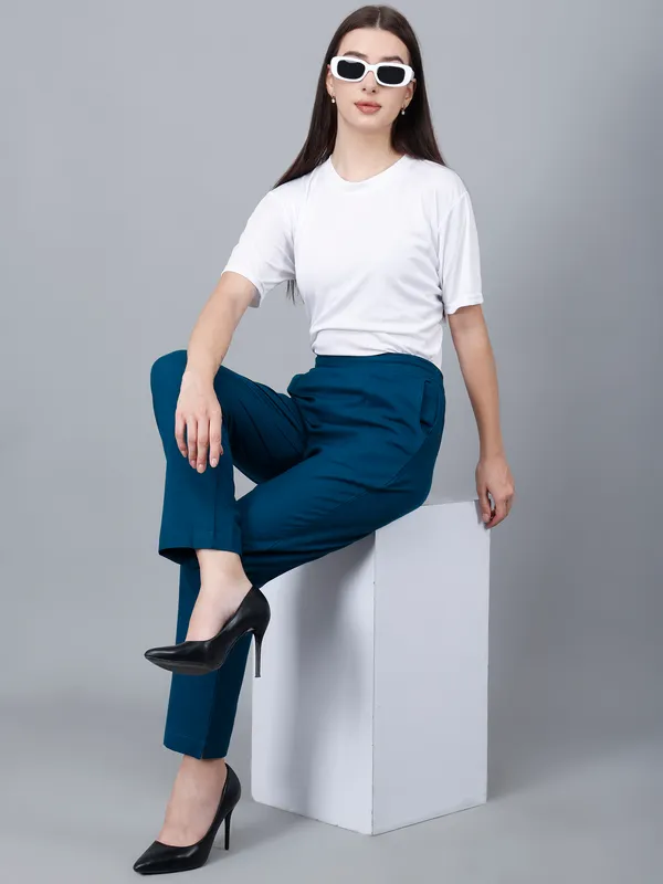 Peacock_Blue_Cotton_Straight_Fit_Ankle-Length_Trousers_For_Women