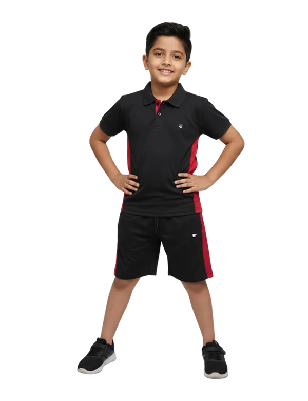Red_Black_Cotton_Blend_Polo_Neck_Shorts_T_Shirt_Twin_Set_For_Kids