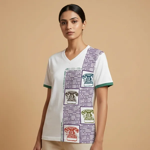 Kolkata_Block_Printed_And_Telephone_Block_Printed_White_T-Shirt_Pack_Of_2