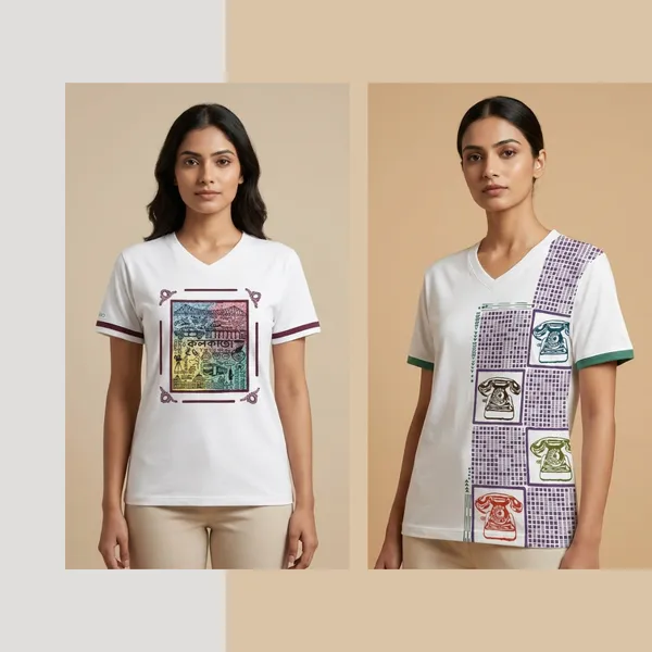 Kolkata_Block_Printed_And_Telephone_Block_Printed_White_T-Shirt_Pack_Of_2