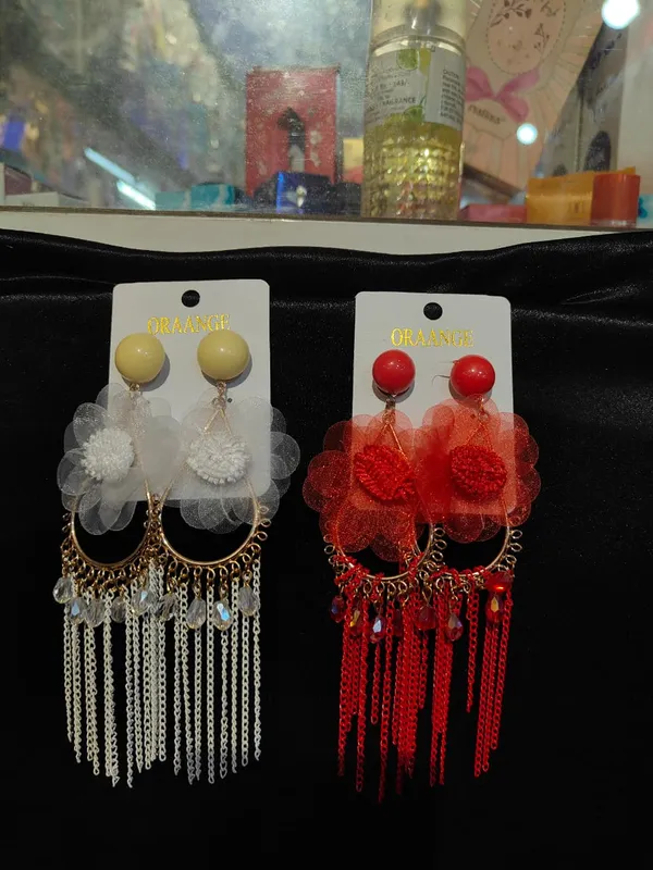 Red_White_Alloy_Floral_Chain_Tassel_Drop_Earrings_For_Women