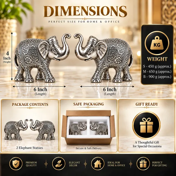 _Elephant_Pair_Statue_450g_with_Intricate_Silver_Finish_|_Decorative_Elephant_Showpiece_for_Home,_Office,_Vastu_&_Gifting