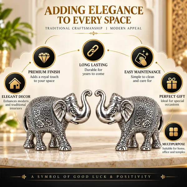 _Elephant_Pair_Statue_450g_with_Intricate_Silver_Finish_|_Decorative_Elephant_Showpiece_for_Home,_Office,_Vastu_&_Gifting