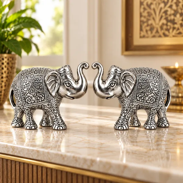 _Elephant_Pair_Statue_450g_with_Intricate_Silver_Finish_|_Decorative_Elephant_Showpiece_for_Home,_Office,_Vastu_&_Gifting