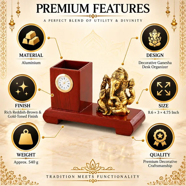 _Ganesha_Pen_Stand_with_Clock_540g_|_Premium_Desk_Organizer_&_Decorative_Table_Showpiece_for_Office,_Home_&_Gifting
