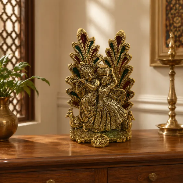 _Radha_Krishna_Statue_with_Peacock_&_Leaf_Backdrop_|_Handcrafted_Hindu_God_Idol_for_Home_Temple,_Living_Room,_Office_Decor,_Pooja_Room_&_Gifting