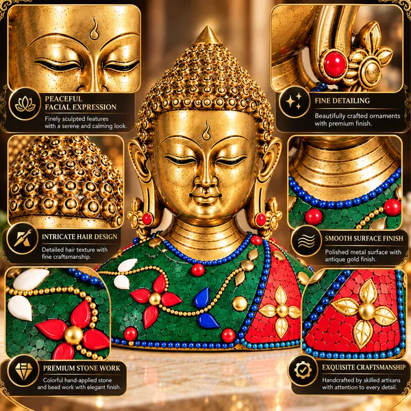 Buddha_Head_Statue,_Golden_Buddha_Sculpture_with_Colorful_Mosaic_Decor,_Buddhist_Meditation_Home_Decor,_Spiritual_Zen_Tabletop_Statue