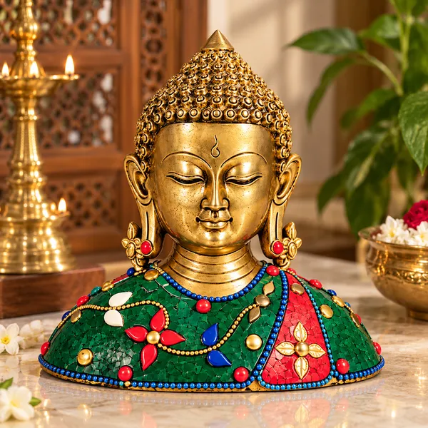 Buddha_Head_Statue,_Golden_Buddha_Sculpture_with_Colorful_Mosaic_Decor,_Buddhist_Meditation_Home_Decor,_Spiritual_Zen_Tabletop_Statue