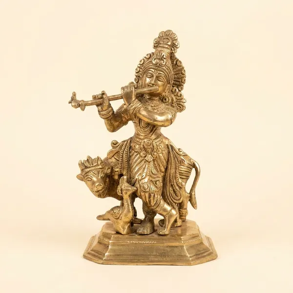 100%_Brass_Golden_Lord_Krishna_with_Cow_Statue_|_2.3_kg_Heavy_Brass_Krishna_Idol_|_Handmade_Flute_Playing_Kanha_Showpiece_for_Home_Temple,_Pooja_Room,_Living_Room,_Office_&_Spiritual_Gift