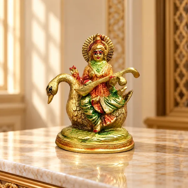 100%_Brass_Golden_Hand-Painted_Goddess_Saraswati_on_Swan_Statue_|_2_kg_Heavy_Brass_Saraswati_Idol_|_Handmade_Decorative_Showpiece_for_Home_Temple,_Pooja_Room,_Office,_Living_Room,_Study_Table_&_Spiritual_Gift