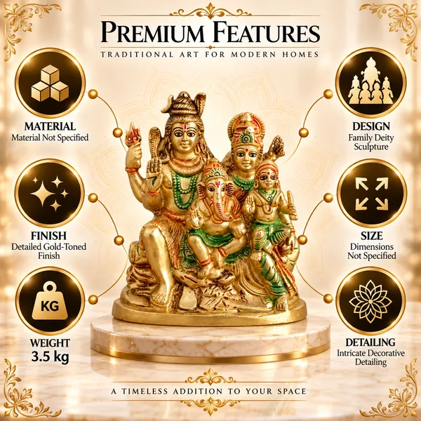 100%_Brass_Golden_Hand-Painted_Shiv_Parivar_Statue_|_3.3_kg_Heavy_Brass_Shiva_Family_Idol_with_Ganesha,_Parvati_&_Kartikeya_|_Handmade_Decorative_Showpiece_for_Home_Temple,_Pooja_Room,_Living_Room_&_Spiritual_Gift