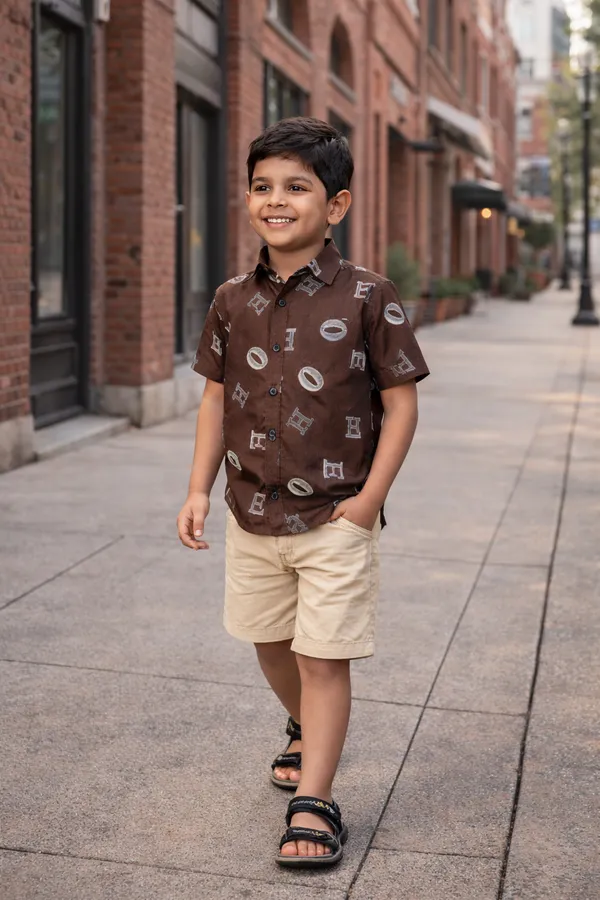 Rudnika_Trends_Boys_Alphabet_Print_Casual_Set_Dark_Brown_Shirt_&_Beige_Shorts