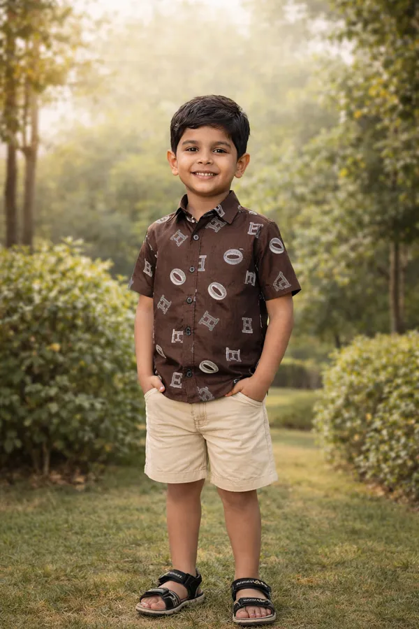 Rudnika_Trends_Boys_Alphabet_Print_Casual_Set_Dark_Brown_Shirt_&_Beige_Shorts