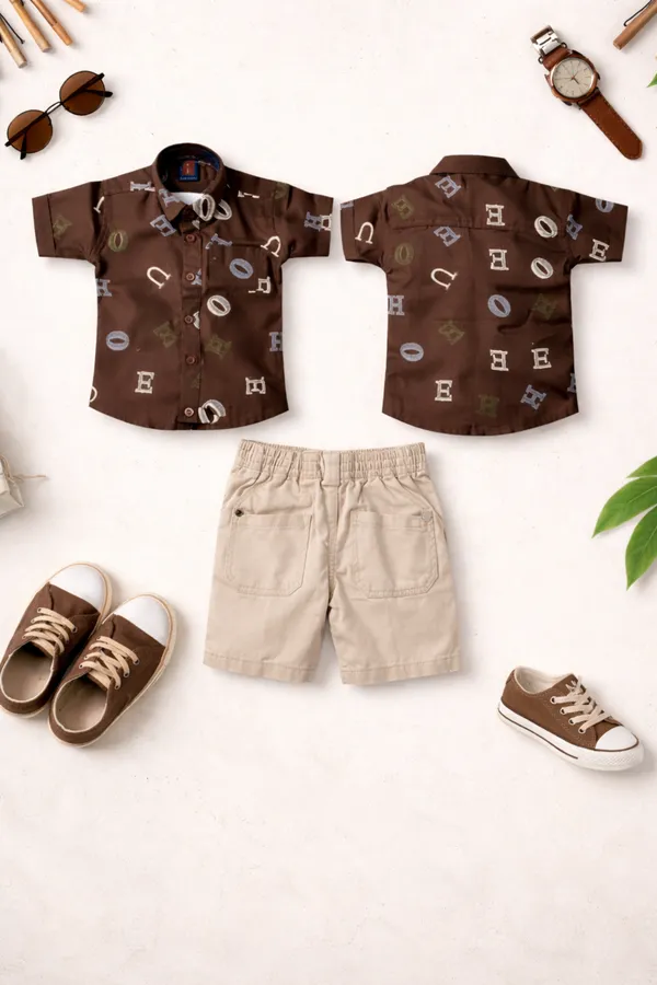 Rudnika_Trends_Boys_Alphabet_Print_Casual_Set_Dark_Brown_Shirt_&_Beige_Shorts
