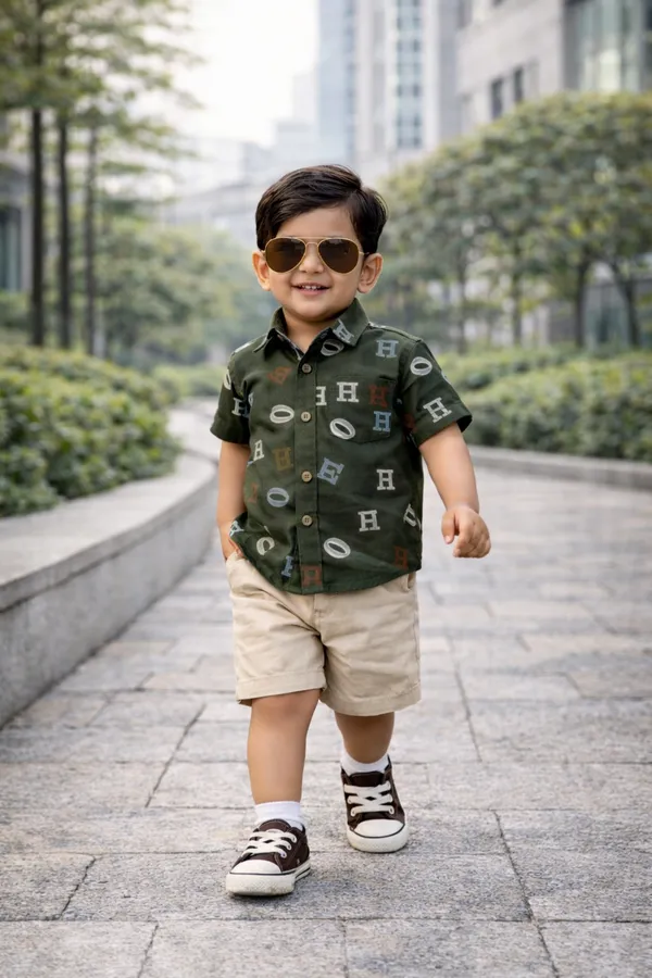 Rudnika_Trends_Boys_Alphabet_Print_Casual_Set_Dark_Green_Shirt_&_Beige_Shorts