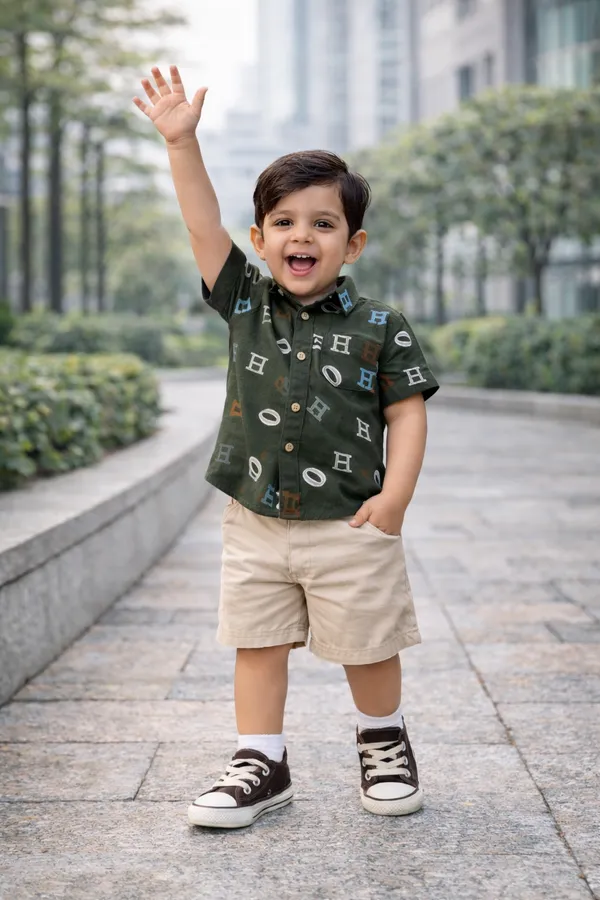 Rudnika_Trends_Boys_Alphabet_Print_Casual_Set_Dark_Green_Shirt_&_Beige_Shorts