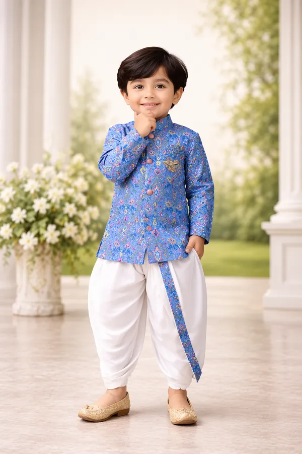 Rudnika_Trends_Boys_Blue_Floral_Print_Kurta_&_Dhoti_Set_with_Pocket_Square_Ethnic_Wear