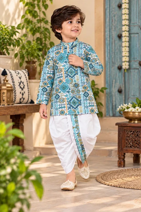 Rudnika_Trends_Boys_Ethnic_Wear_Blue_Geometric_Printed_Dhoti_Kurta_set