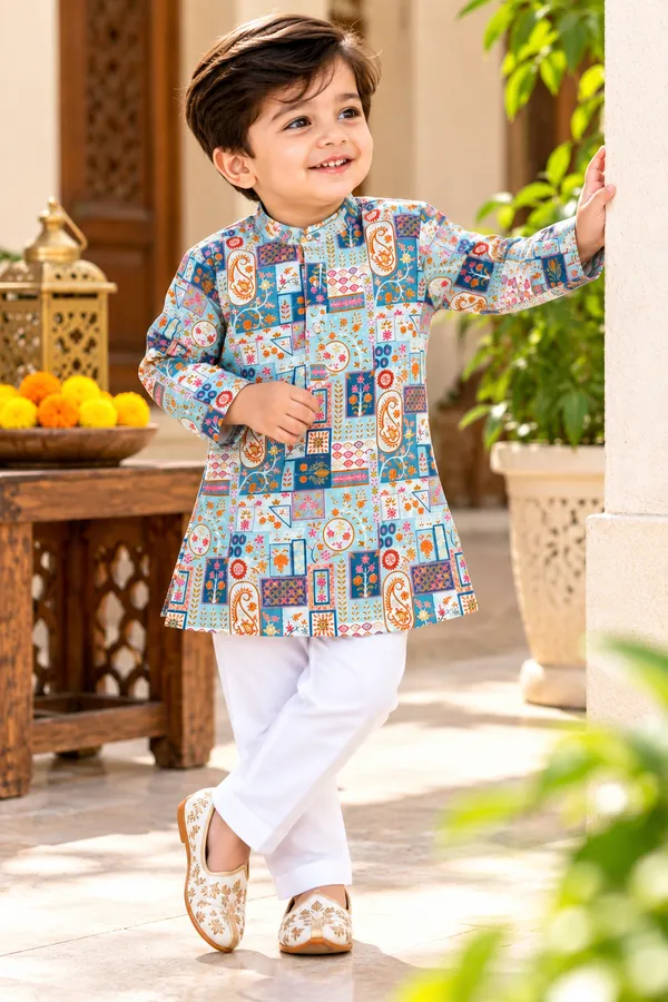 Rudnika_Trends_Boys_Ethnic_Wear-Sky_Blue_Printed_Kurta_&_White_Pajama_Set