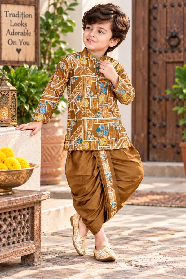 Rudnika_Trends_Boys_Ethnic_Wear_-Brown_Multicolor_Printed_Dhoti_Kurta_Set