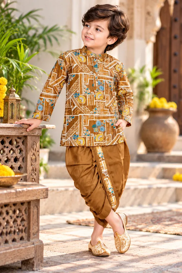 Rudnika_Trends_Boys_Ethnic_Wear_-Brown_Multicolor_Printed_Dhoti_Kurta_Set