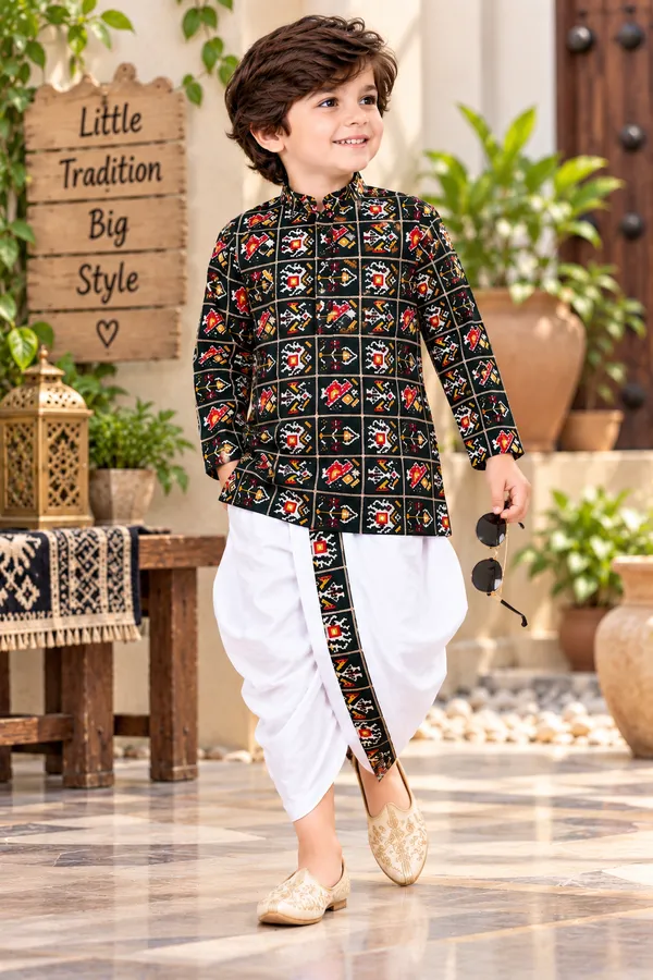 Rudnika_Trends_Boys_Ethnic_Wear_–_Black_Printed_Dhoti_Kurta_Set