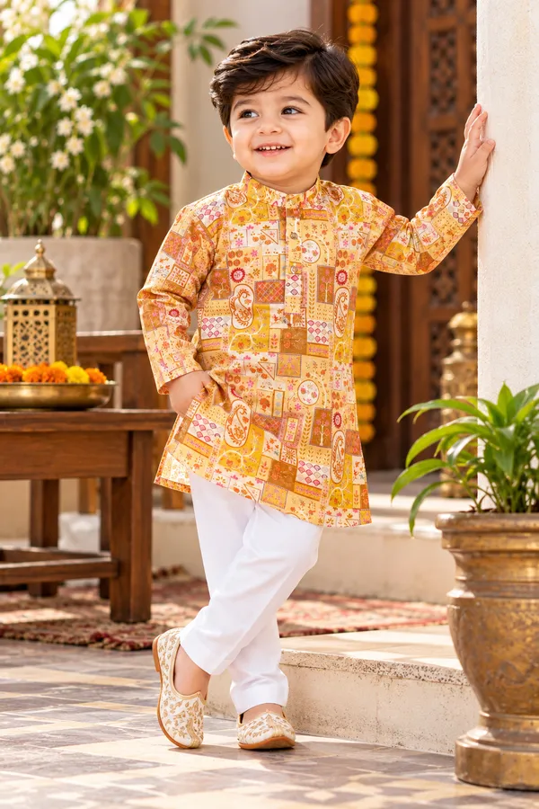 Rudnika_Trends_Boys_Ethnic_Wear_-_Mustard_Yellow_Printed_Kurta_with_White_Pajama_Set