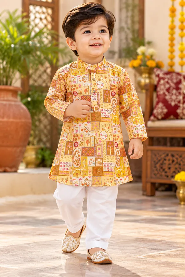 Rudnika_Trends_Boys_Ethnic_Wear_-_Mustard_Yellow_Printed_Kurta_with_White_Pajama_Set